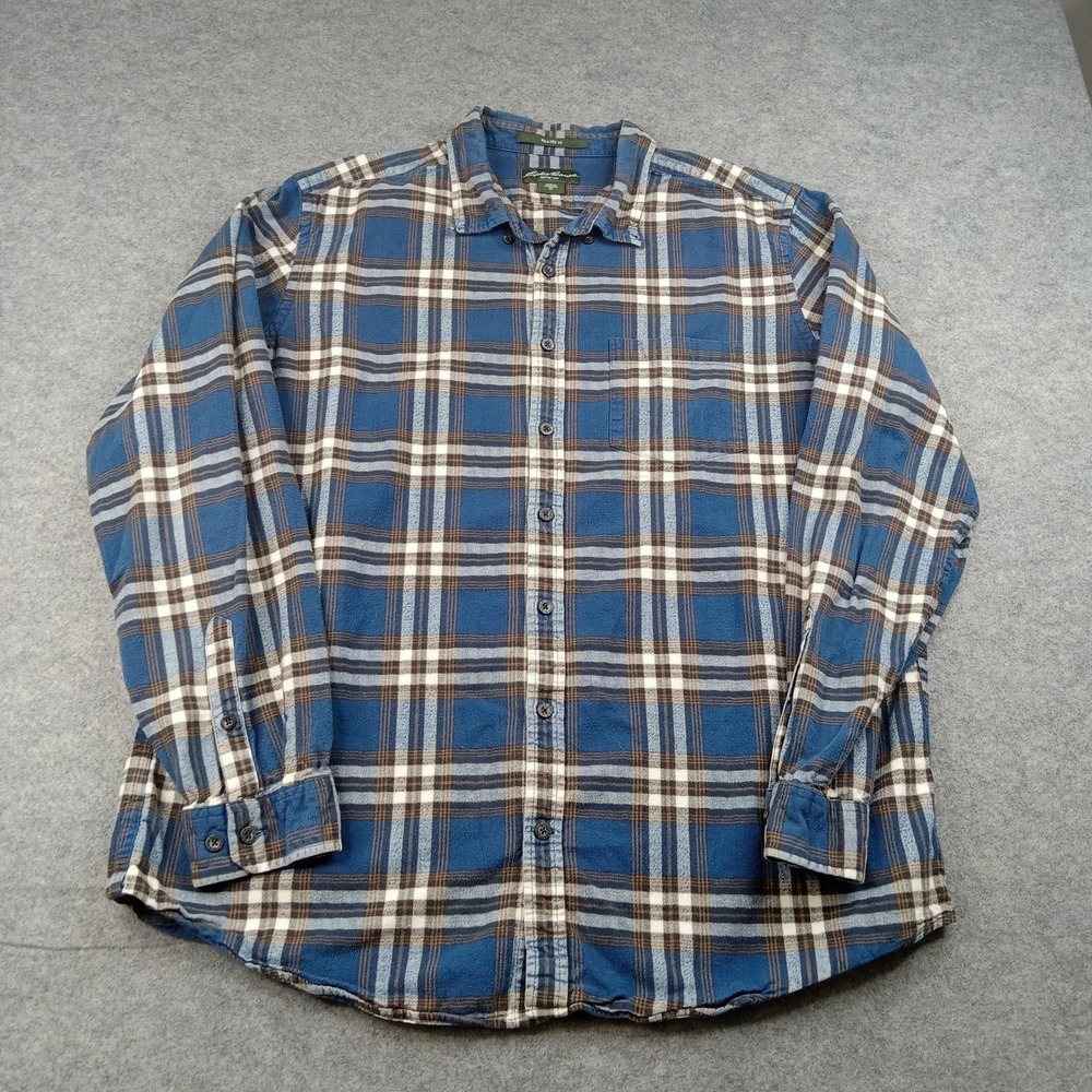 Eddie Bauer Shirt Mens XLT Blue Plaid Flannel Button Front Longโ Sleeve Casual